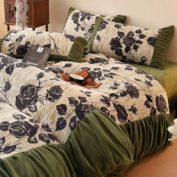 Class a French Milk Velvet Bed Four-Piece Set Double-Sided Velvet Carved Thickeneded Coral Velvet Quilt Cover Bed Sheets Cover Winter