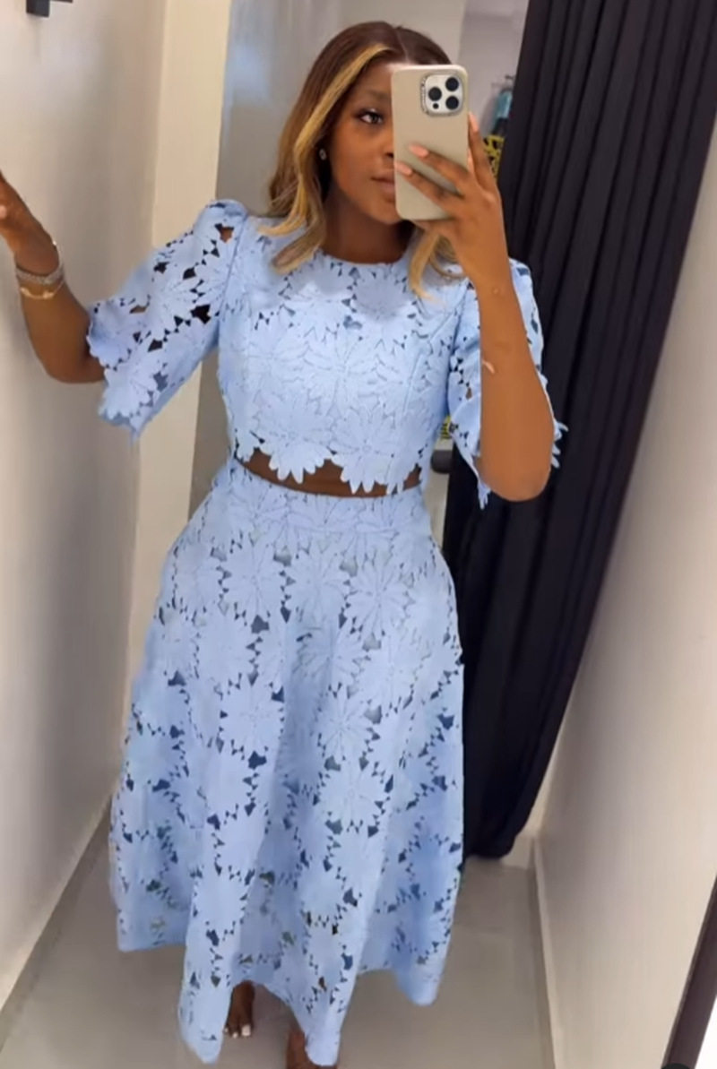 French Design Hollow Out Top and Pants Set Stylish Casual Two Piece Outfit Perfect for Spring and Summer Wholesale