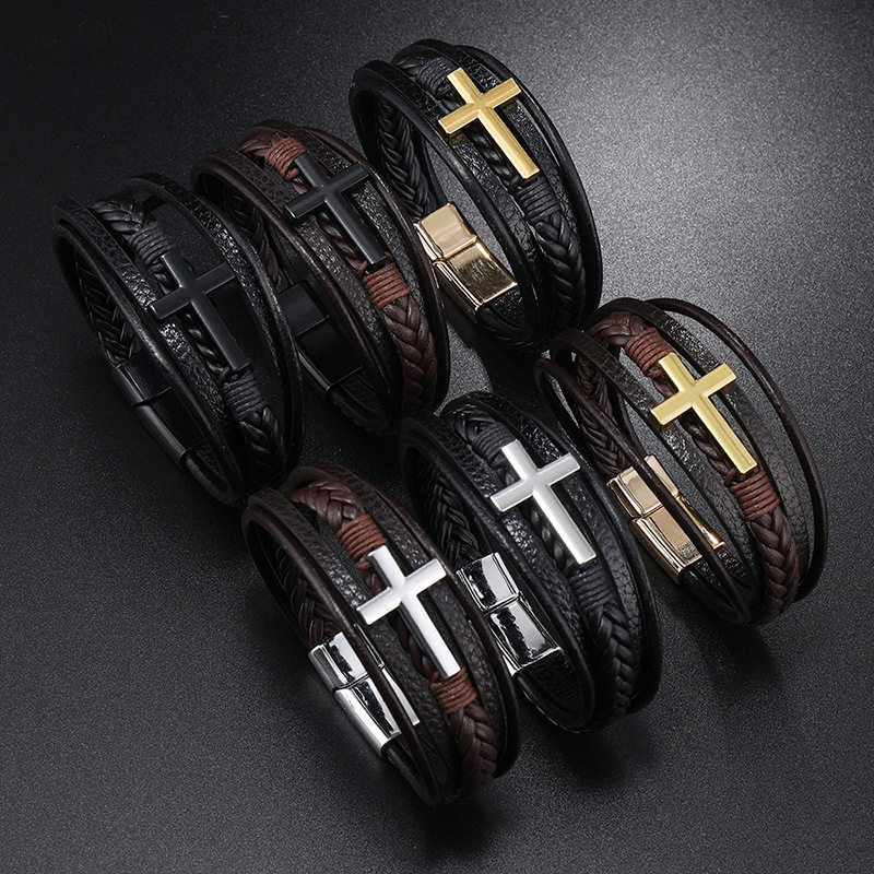 Europe and the United States hot new cross vintage leather bracelet men's multi-layer hand woven rope magnet buckle PU bracelet