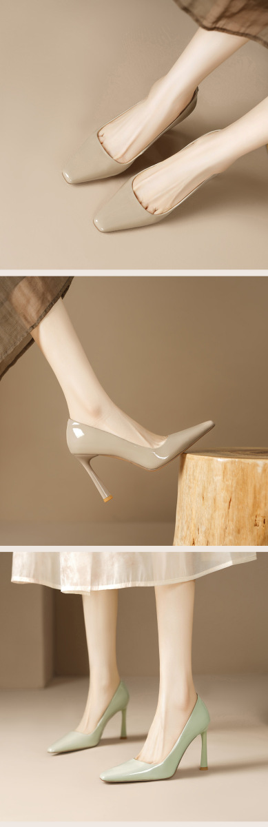 Giày cao gót nữ mũi vuông nhọn 10cm da bò bóng, giày công sở thanh lịch — Màu đen, Màu nude, Màu xanh lục nhạt