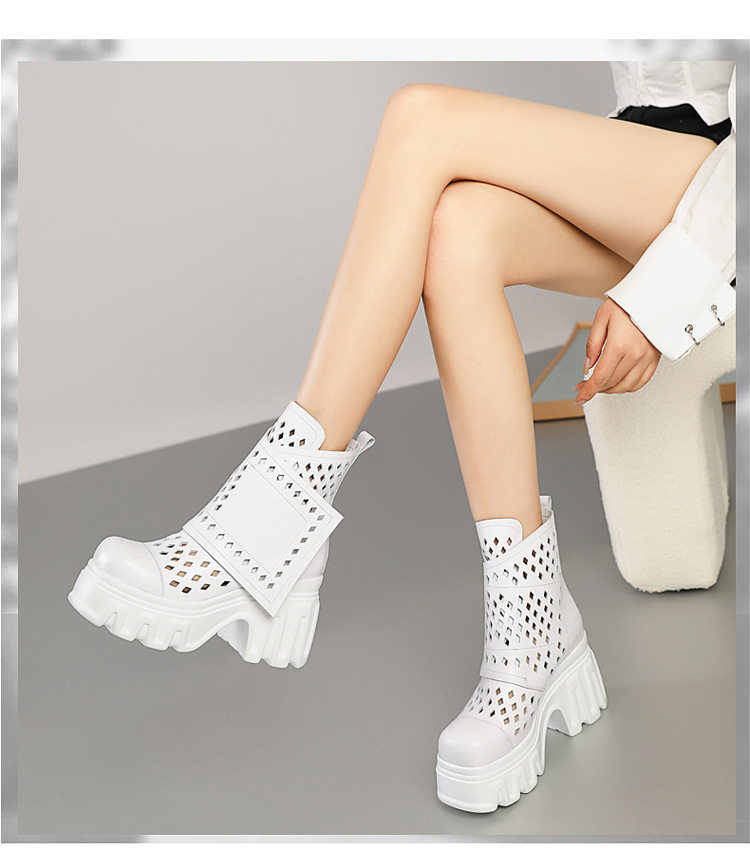 Sandal cao gót nữ hở mũi da bò lỗ khí mùa hè, gót siêu cao 8 cm, phong cách Martens — [Trắng], [Hồng], [Kaki đậm], [Đen] chi tiết 4
