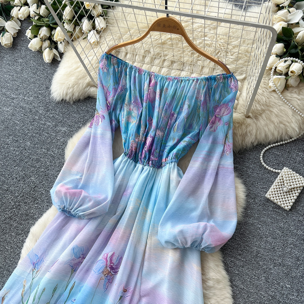 Off Shoulder Floral Dress Lantern Sleeves Waist Defined A Line Spring Fall Style Perfect for Vacations Wholesale