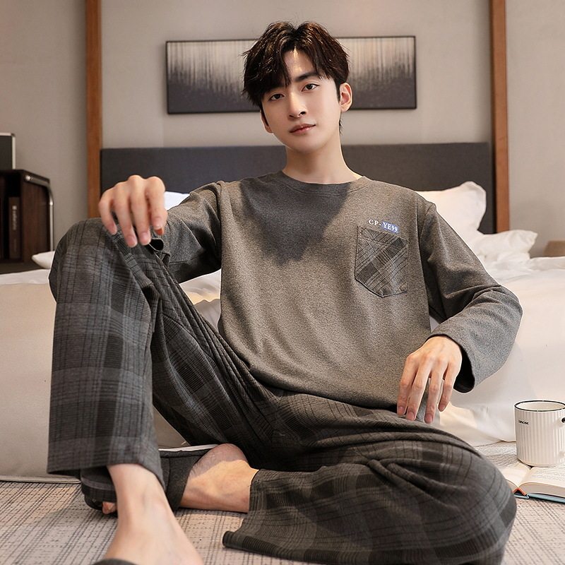 ชุดนอนผู้ชาย ฤดูใบไม้ผลิและฤดูใบไม้ร่วง ผ้าฝ้าย แขนยาว สำหรับเยาวชน ใส่สบาย เหมาะสำหรับสวมใส่กลางแจ้ง ชุดอยู่บ้านฤดูใบไม้ร่วง ไซส์ใหญ่ ขายส่ง