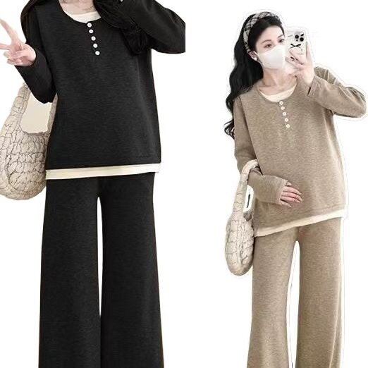 Maternity Wear 2025 New Autumn Fake Two-Piece Flesh-Covering Fashionable Casual Spring Autumn Winter Long-Sleeved Slimming Look Pants Suit