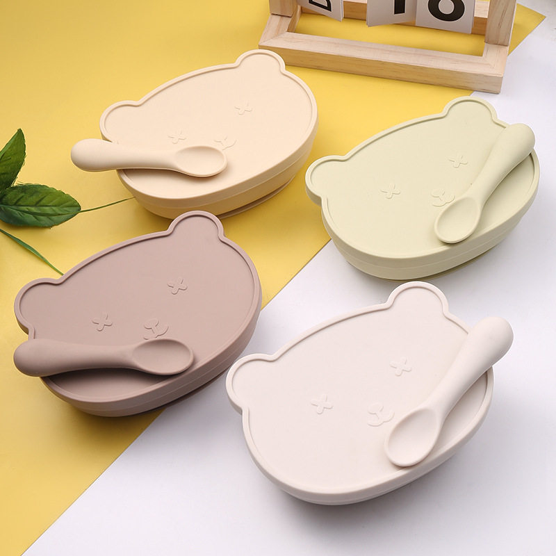 Baby complementary bowl Morandi color baby complementary food independent eating silicone integrated spoon suction dish bowl tableware suit