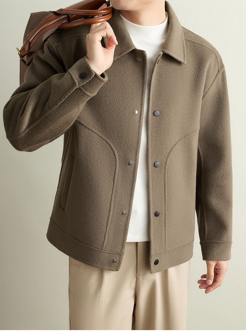 Áo khoác dạ ngắn nam hai mặt pha len lông cừu may thủ công cổ bẻ phong cách casual — Xám đậm, Cà phê đậm, Màu kaki