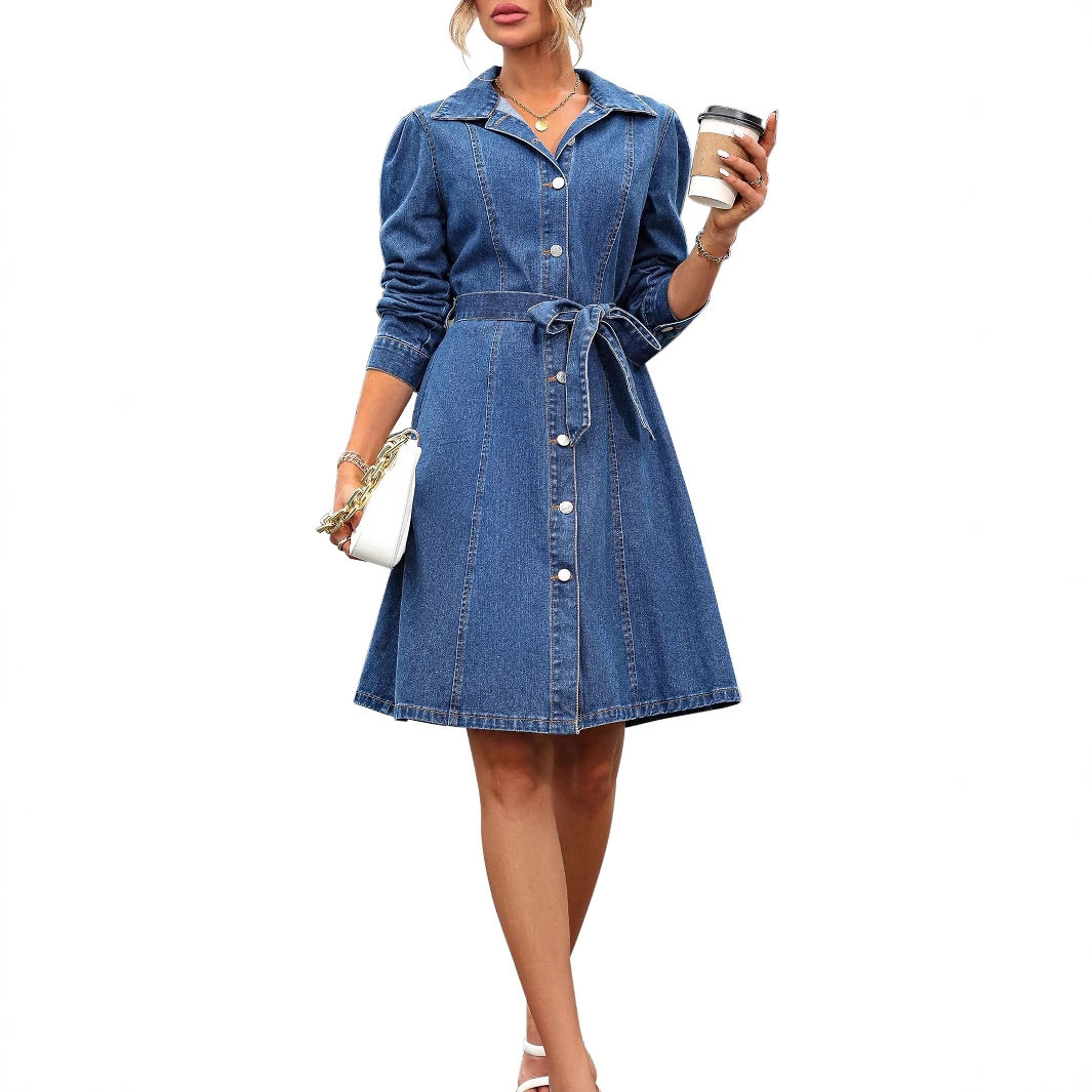 Vintage Slim Fit Long Sleeve Denim Dress for Women Waist Defining Elegant Style Perfect for Casual Outings Wholesale