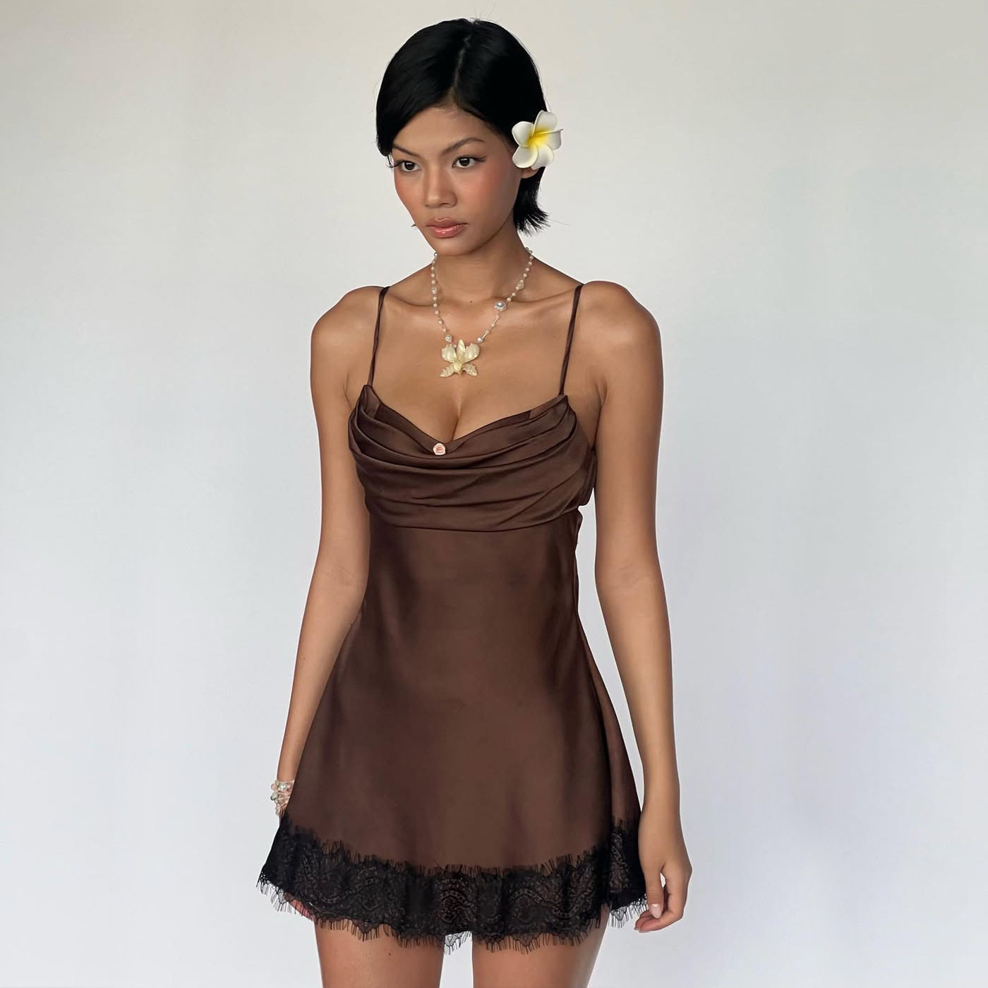 Summer Satin Lace Trim Cami Dress Sexy Backless Design Elegant Evening Wear Wholesale Available