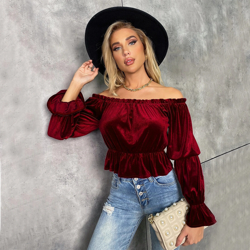 Womens Long Sleeve T Shirt Off Shoulder Neckline Ruffle Detail French Style Velvet Fabric Spring Summer Collection