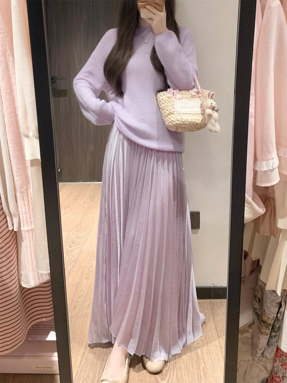 Gentle Slim-fit Slimming Purple High-end All-match Pleated Skirt Gentle Sweet Taro Purple Sweater Two-piece Set for Women