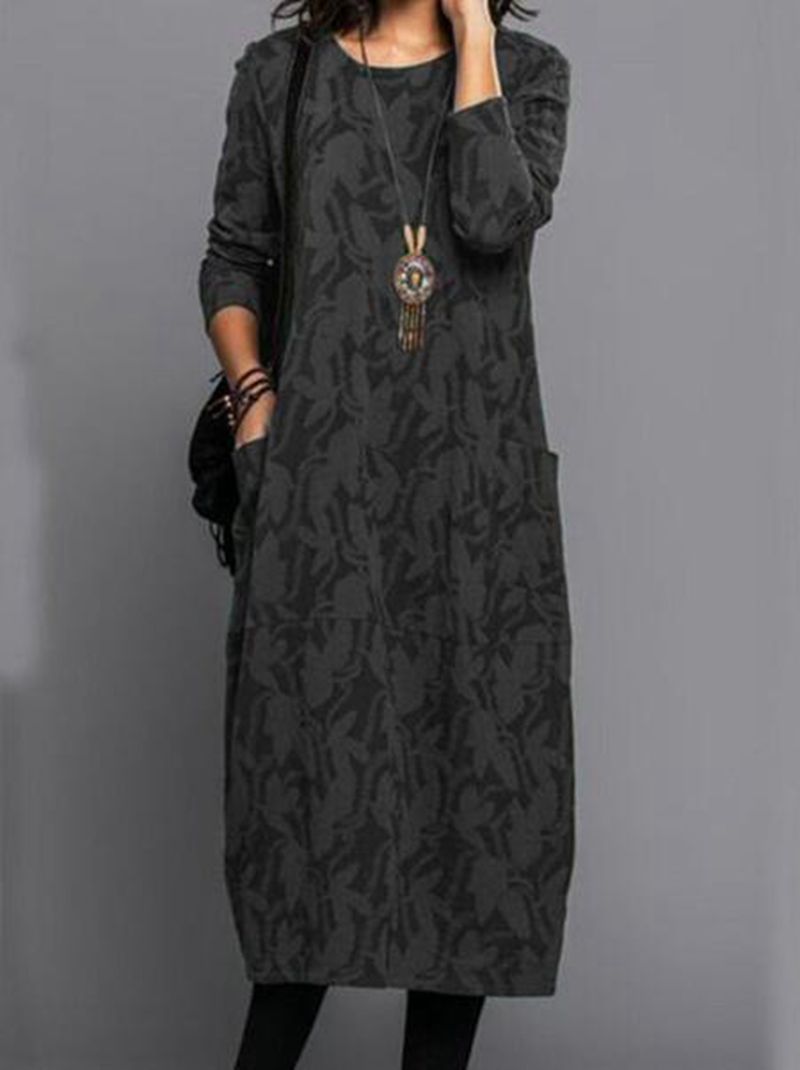 Casual Long Sleeve Pocket Dress for Women Cotton Linen Round Neck Available in Black Green Blue Red Wholesale Sizes S to XXXL