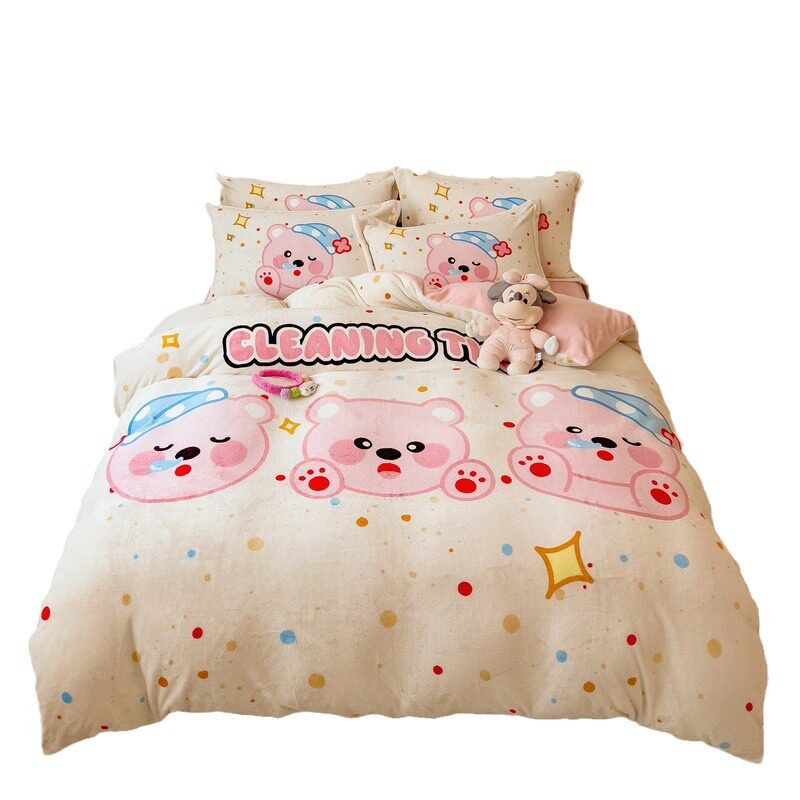 Class a Milk Velvet Large Version Cartoon Four-Piece Winter Thickeneded Coral Velvet Quilt Cover Bed Sheets Student Warm Three-Piece Set