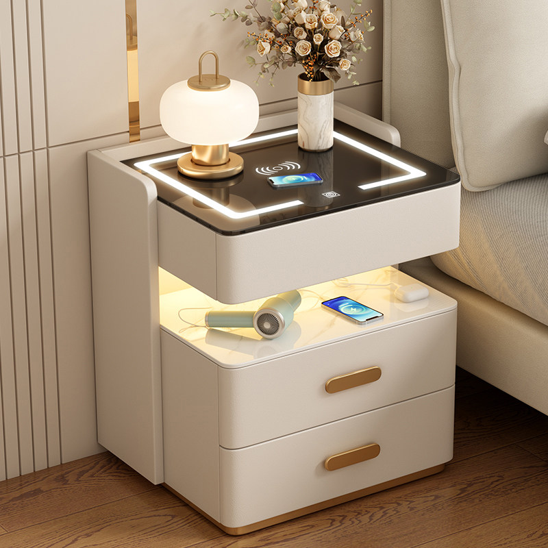 Smart Bedside Table 2024 New Style Simple Modern Solid Wood Installation-Free Bedroom Home Multi-Functional Slate Bedside Table