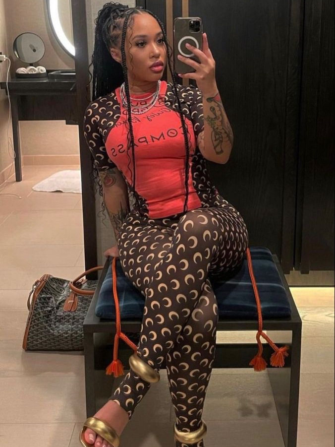 European and American Popular Cross-Border Fashion Trend Moon Print Design Elastic Slim Sexy Bottoming Top and Pants Suit