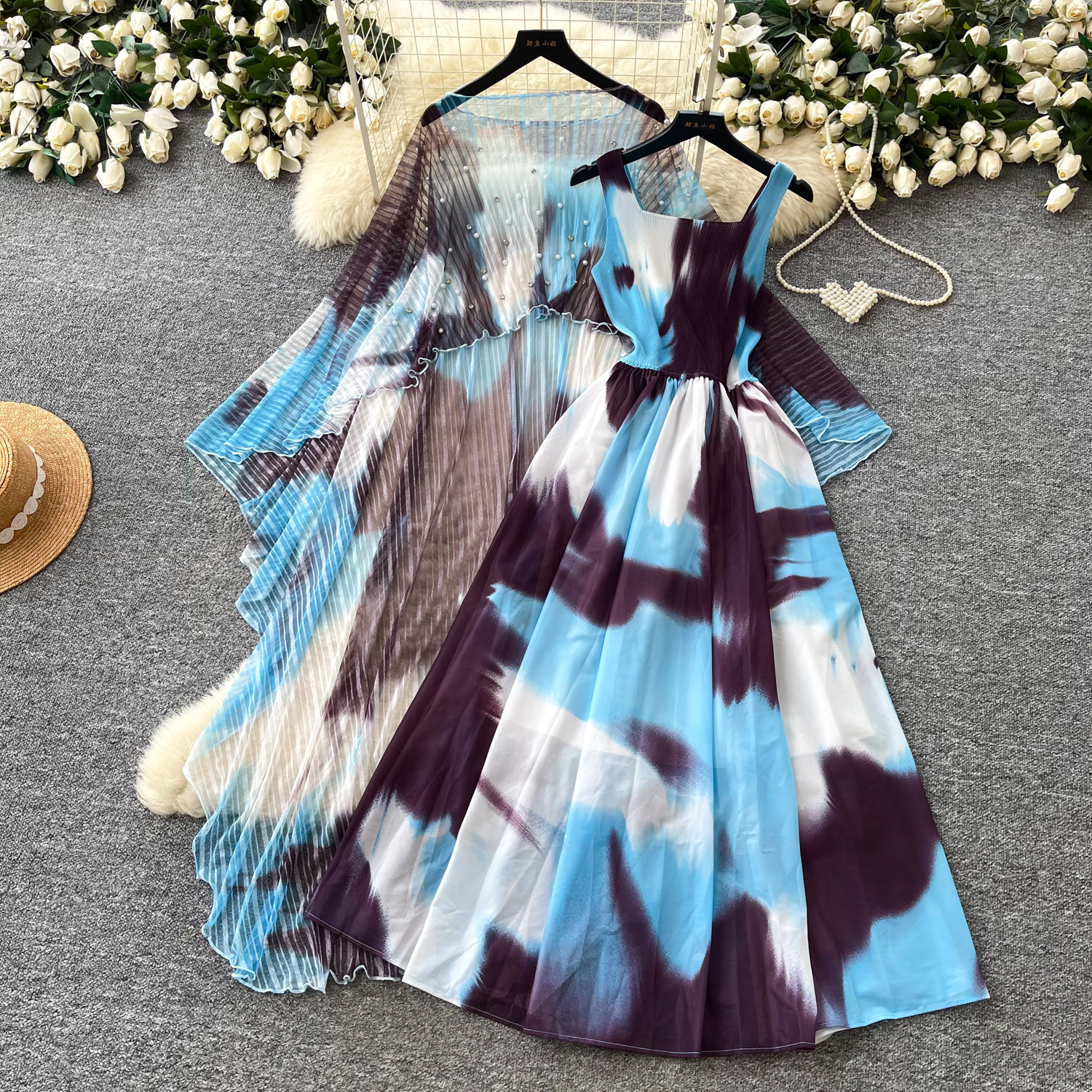 French Style Floral Print Dress Three Quarter Sleeve Waist Defining Slim Fit Beaded Details Summer Casual or Office