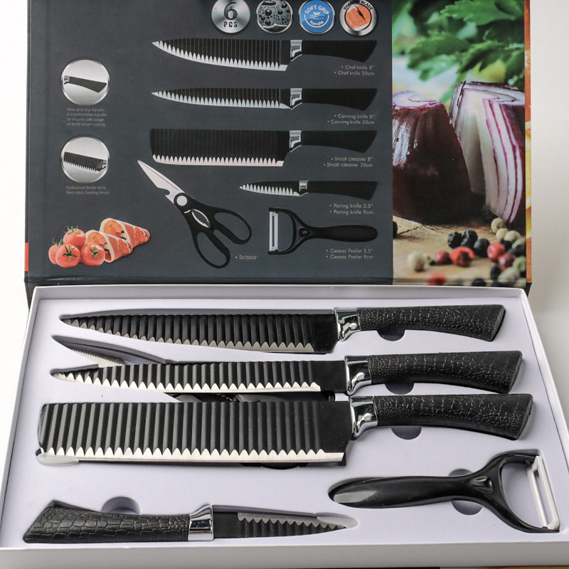 In stock wholesale factory direct gift set knife non-stick tie pattern kitchen knife wave pattern 6-piece kitchen knife set suit