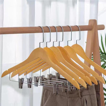 Solid Wood Clothes Hanger and Trouser Clip Set with Clips, Wholesale from Wood Source Factory for Hotels and Clothing Stores, Drying Rack