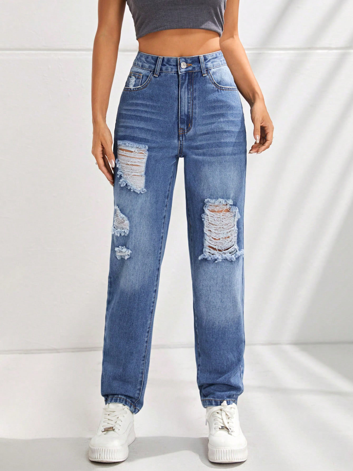 Womens Casual Slim Fit Ripped Straight Leg Jeans Comfortable Denim Fabric Perfect for Everyday Wear Wholesale Available