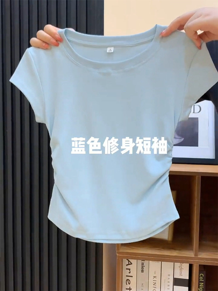 92棉蓝色正肩短袖T恤女装夏季修身显瘦洋气褶皱收腰短款体恤上衣