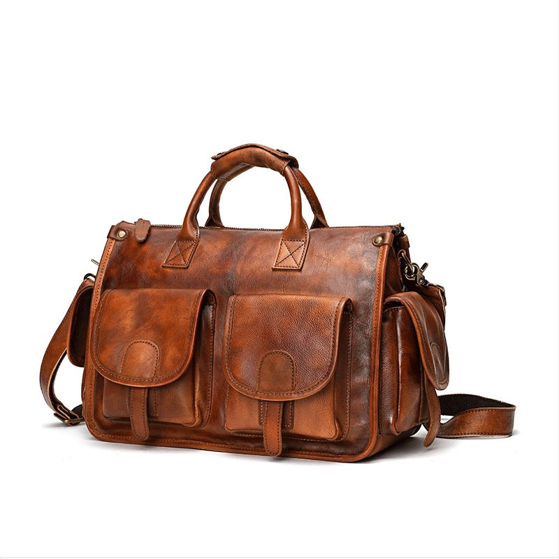 Cross-border Handmade Top-layer Cowhide Casual Crossbody Bag Men's Vintage Vegetable Tanned Leather Cambridge Bag Genuine Leather Handheld Messenger Bag