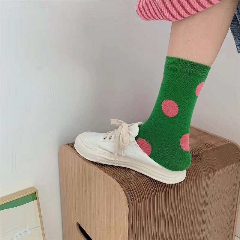 波点中筒袜糖果色日系复古ins可爱百搭秋冬撞色大圆点jk袜子女
