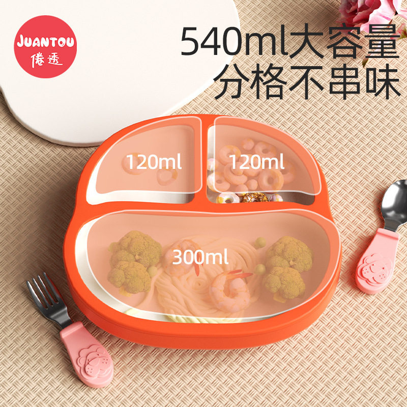 Baby Meal Plate, Baby Suction Cup, Kidsren's Silicone Straw, Food Bowl, Anti-Fall Compartment Plate, Training Spoon, Tableware Set