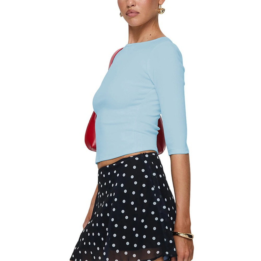 Slim Fit Light Blue Cropped Top 3 4 Sleeve Solid Color Sweet Style Spring Summer Womens Fashion Wholesale Available