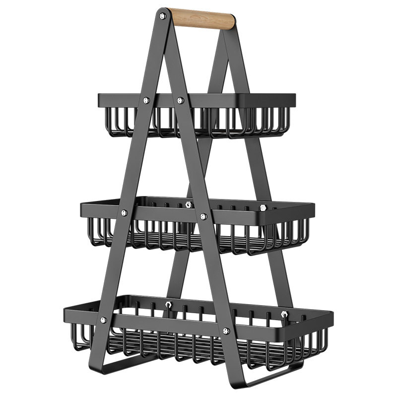 Wooden Handle Fruit Basket Double-Layer Storage Basket Desktop Storage Basket Snack Storage Basket Drain Basket Fruit and Vegetable Basket