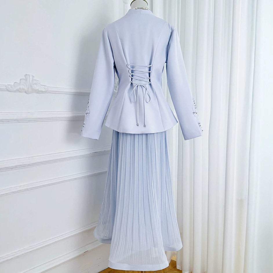 French Style V Neck Embroidered Jacket with High Waisted Pleated Skirt Elegant Lightweight Two Piece Set for Spring and
