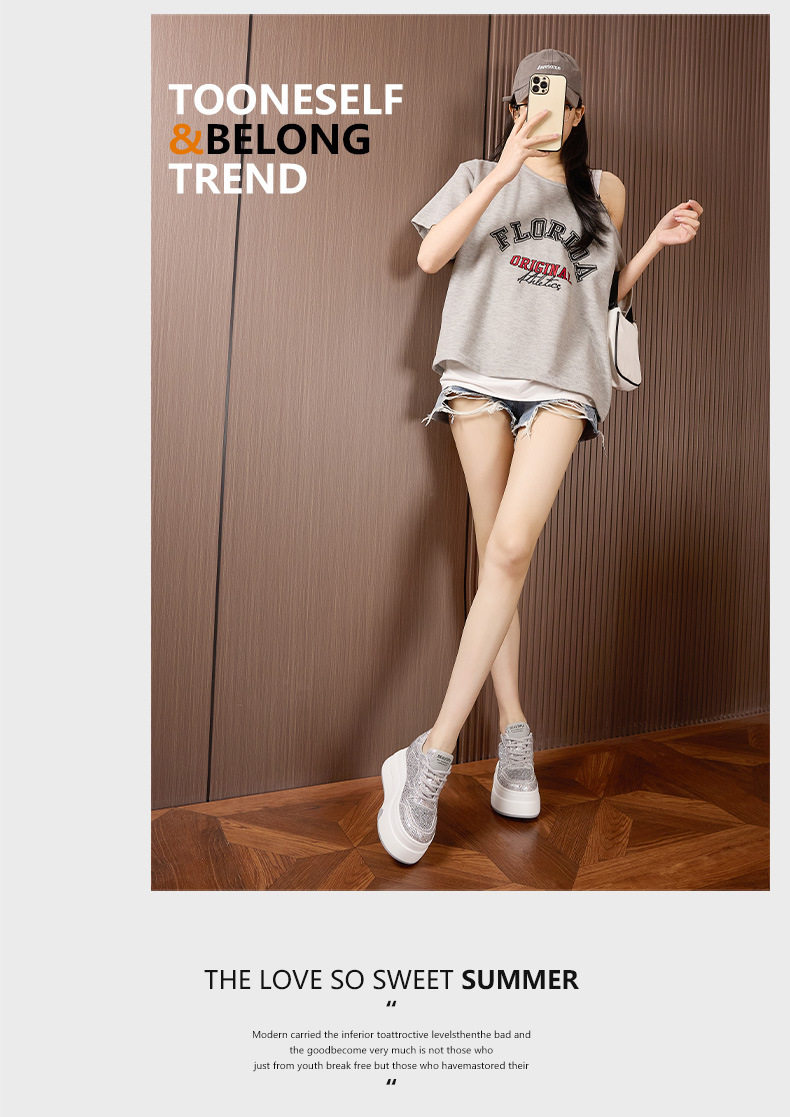 Giày sneaker nữ chunky đế dày platform trắng phối đá rhinestone — Trắng, Bạc chi tiết 11