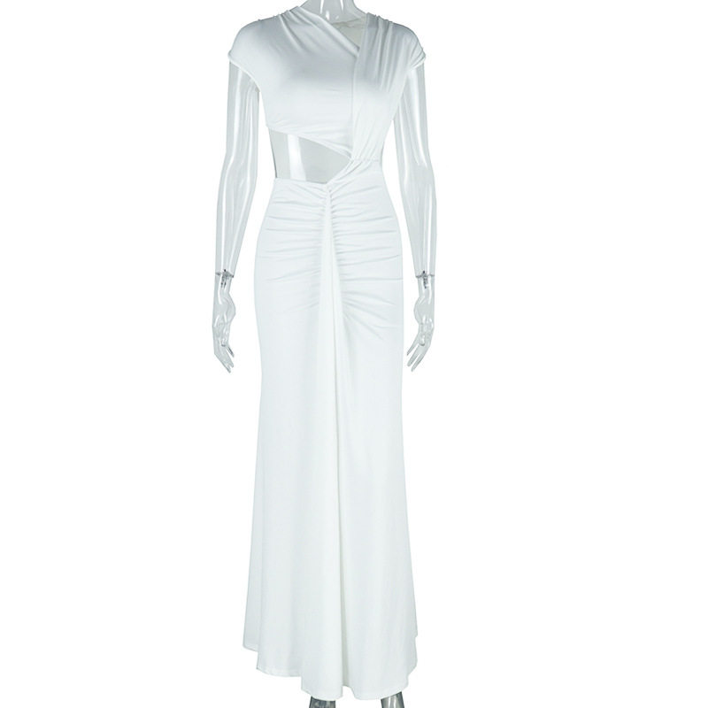 Street Style Fish Tail Dress Sleeveless Asymmetrical Neckline Pleated Design Solid Color Casual Wear for Summer