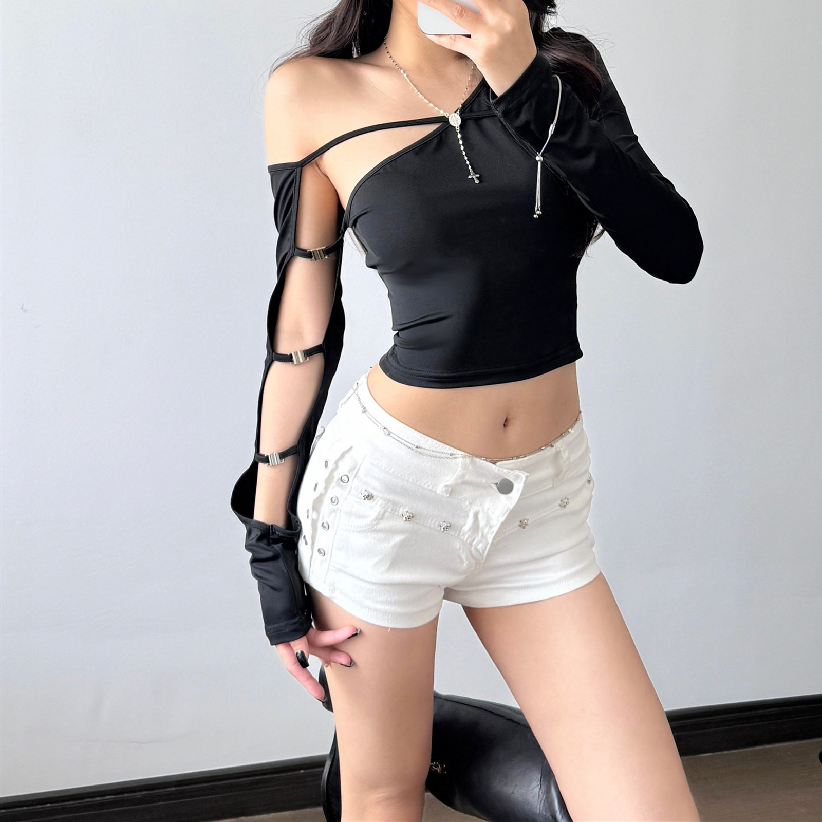 Womens Long Sleeve T Shirt Sexy Irregular Asymmetrical Neckline Hollow Out Design Slim Fit Autumn Fashion