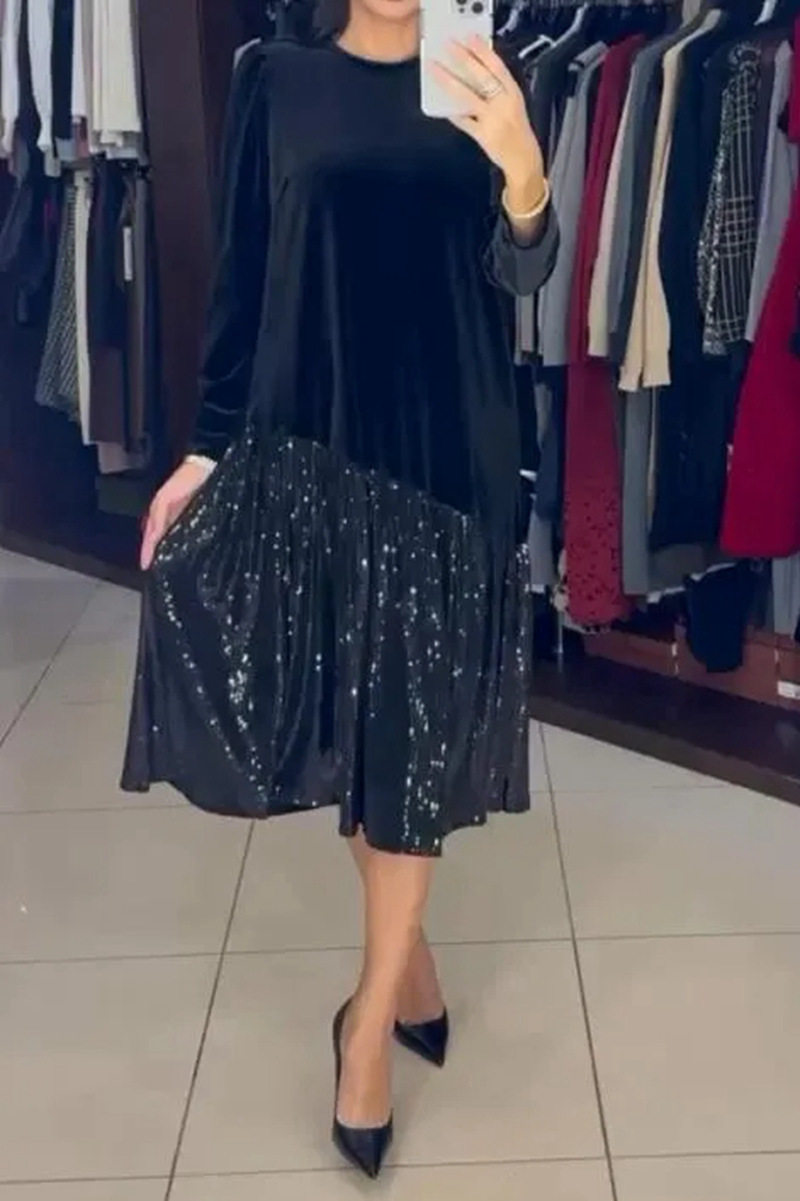 Long Sleeve Sequin Hem Dress Solid Color Round Neck Casual Style Perfect for Winter Events Wholesale Available
