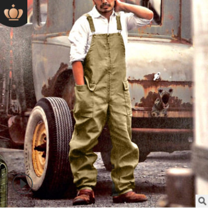 Q017欧美2021外贸跨境男装 新款四季纯色宽松直筒工装休闲背带裤