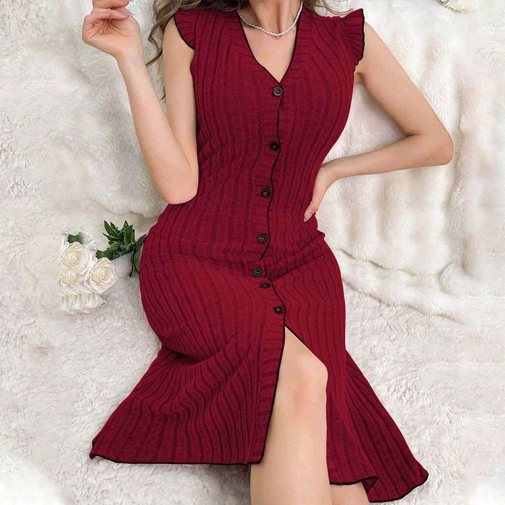 Red Short Sleeve Casual Dress Comfortable Fabric V Neck Sleeveless Spring Summer Home Wear Wholesale Available