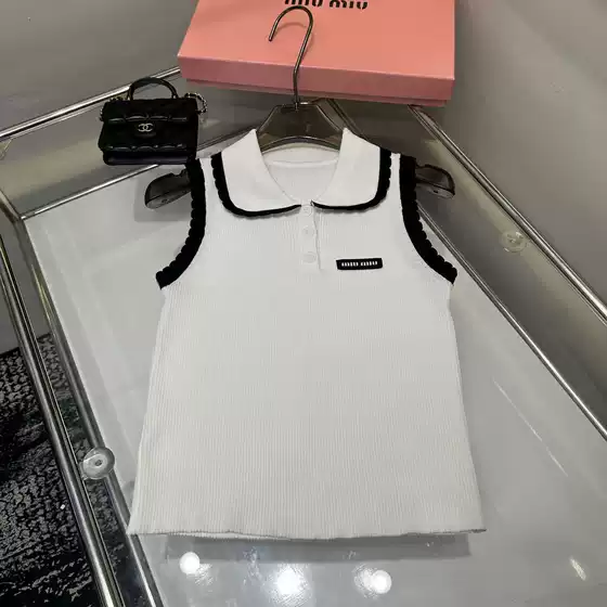 Mm26 Spring and Summer New Style Lapel Lace Color-Blocking Simple and Versatile Knitted Vest