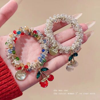 New Cherry Hair Rope Women's Payertail Ball Hair Ring pink Crystal Rubber Tendon High Elastic Hair Ring Tie Rope
