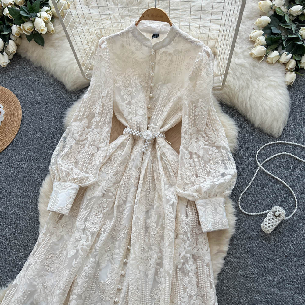 Vintage French Style Embroidered Mesh Dress Beaded Waist Tie A Line Elegant Long Skirt Perfect for Formal Occasions