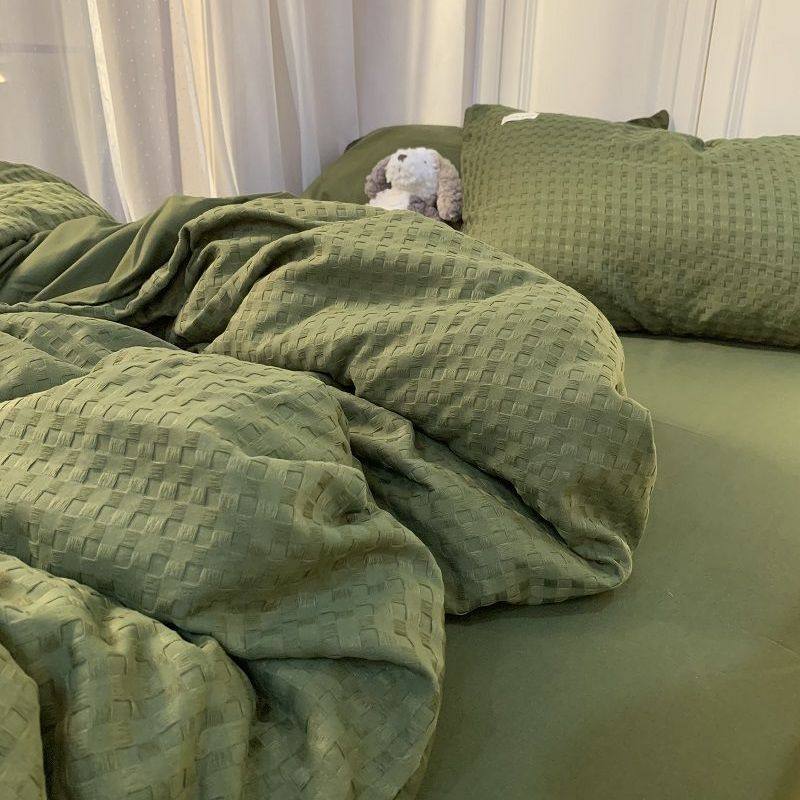 Light Luxury Washed Cotton Waffle Bedding Four-Piece Set Olive Green Duvet Cover Bed Sheet Dormitory Three-Piece Set Wholesale