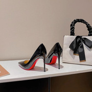 Black High Heels Female Career 2023 New Patent Leather Red Bottom Chopped Men's Thin Heel High-end 10cm Single Shoes for Women