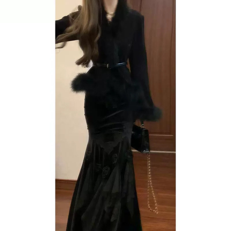 Luxurious Winter Fur Coat & Three-Dimensional Floral Velvet Fishtail Skirt Slim-Fit Two-Piece Set Trendy