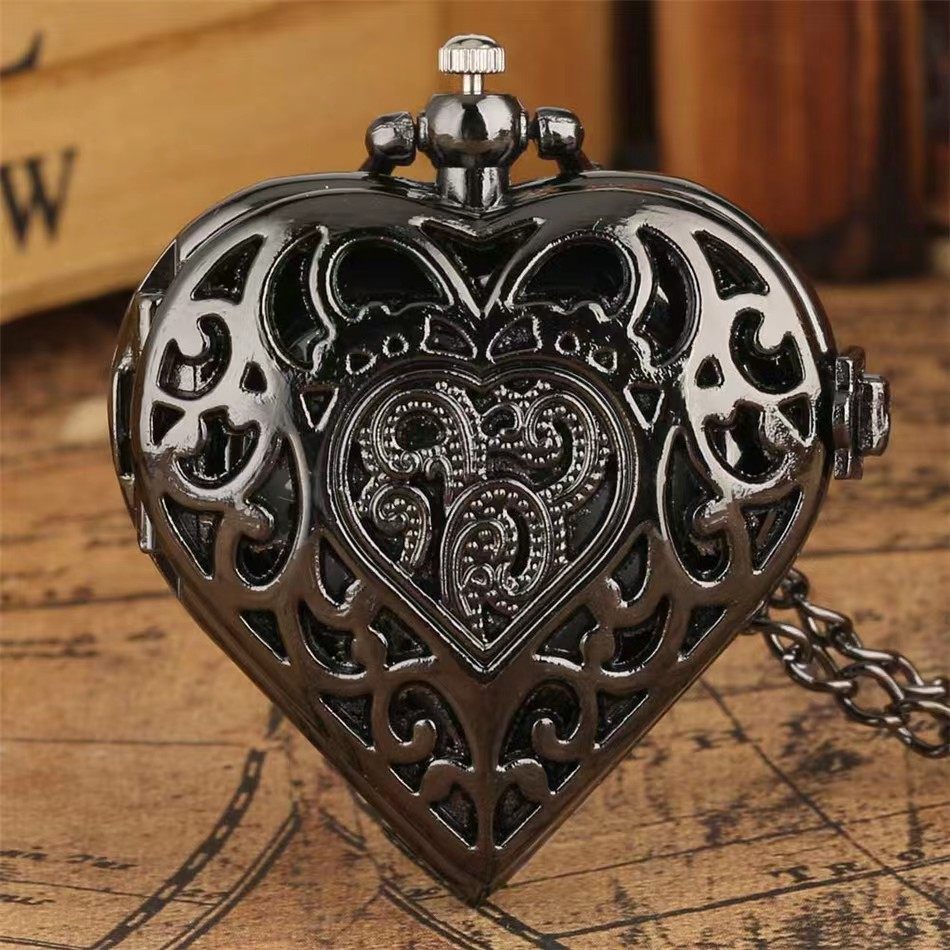 Cross-border hot sale retro hollow heart-shaped silver pocket watch creative flip quartz hanging chain Love pocket watch factory direct sales