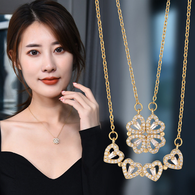 New Style Two-Wear Heart-To-Heart Women's Opening and Closing Four-Leaf Clover Necklace Fashionable Love Folding Creative Clavicle Chain Wholesale