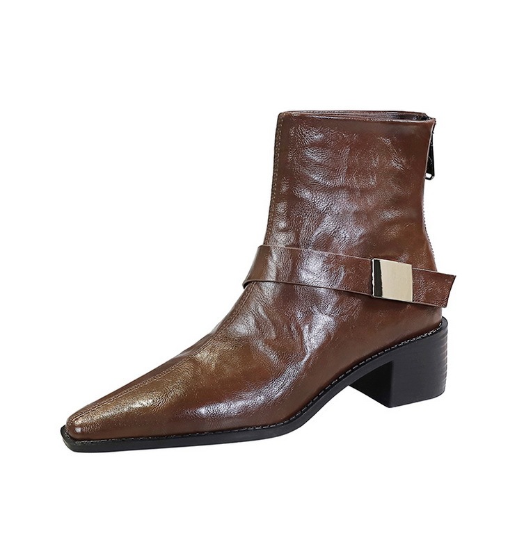 Boot nữ cổ thấp gót vừa mũi nhọn khóa kim loại phong cách Âu Mỹ — Lớp lót nhung đen, Lớp lót nhung màu nâu sẫm, Màu đen, Màu nâu đậm