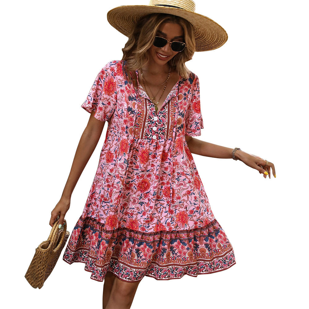 Bohemian Floral Print Maxi Dress V Neck Loose Fit Plus Size Casual Vacation Wear Wholesale Available