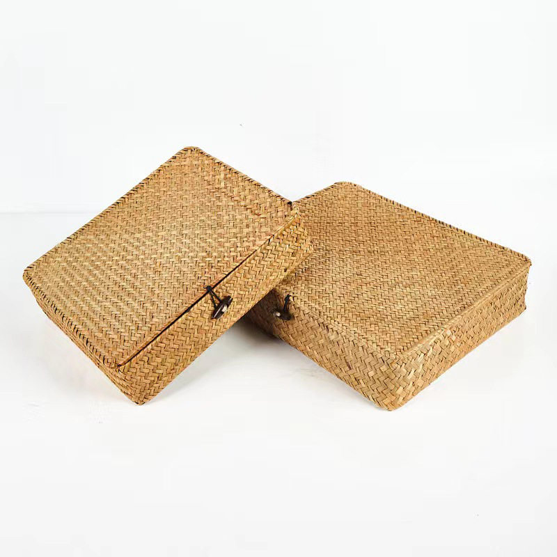 Seagrass Covered Storage Box Rattan Straw Storage Basket Desktop Miscellaneous Storage Basket Snack Storage Box Toy Storage Box
