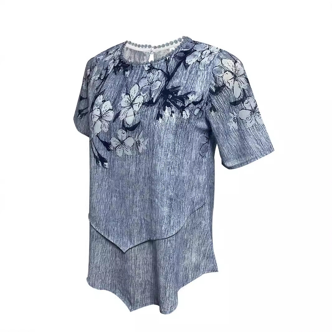 Floral Print Layered Short Sleeve Top Irregular Hem Round Neck Summer Style Wholesale Availability