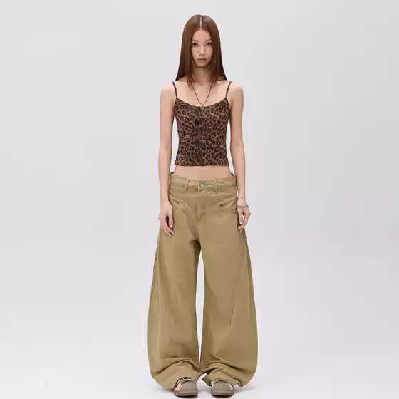 High-Waisted American Retro Style Structured Design Washed Unisex Trendy Loose Banana Pants Wide-Leg Jeans Cotton