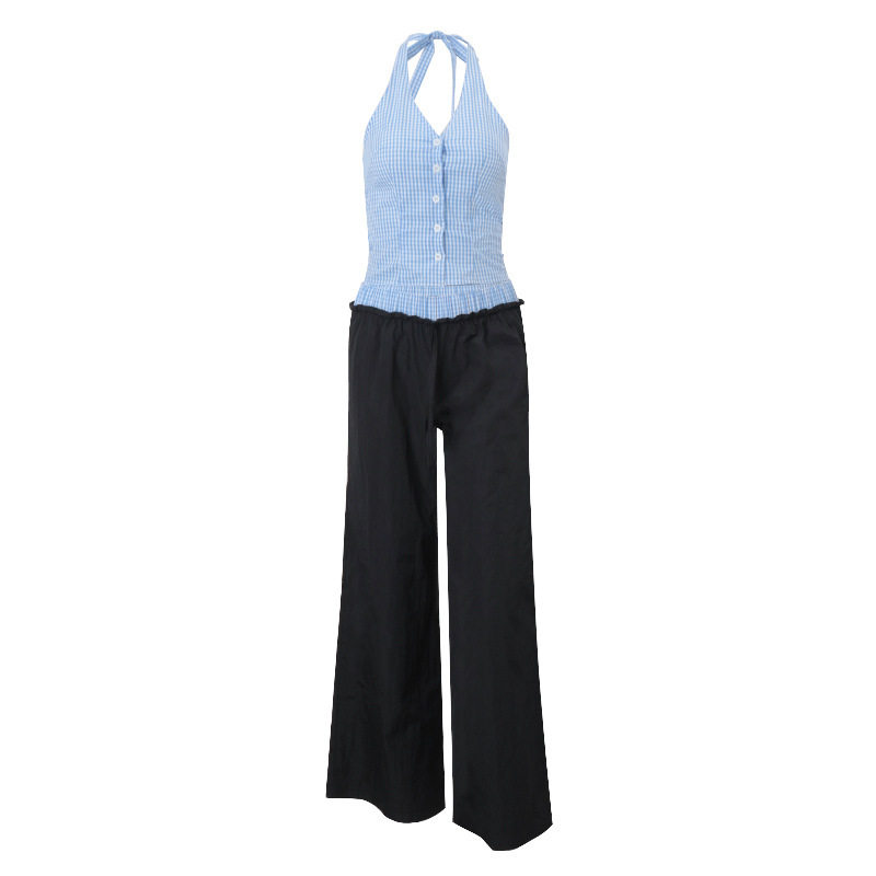 Vintage Plaid Halter Top and Loose Fit Trousers Set Sweet Style Casual Summer Wear Available in Multiple Sizes