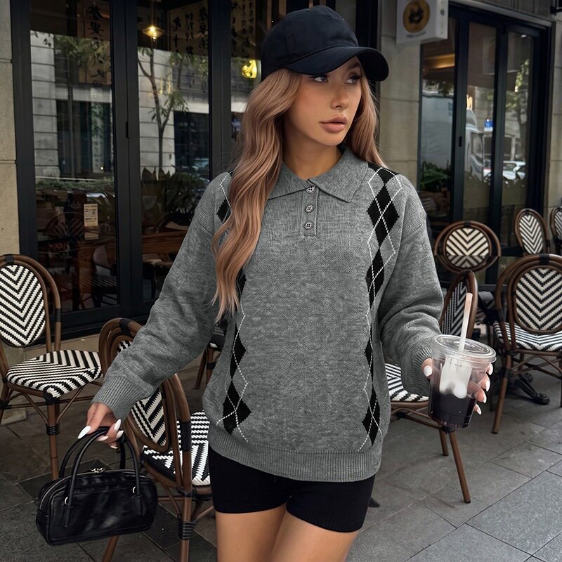 Polo Neck Knit Sweater American Street Style Loose Fit Diamond Pattern Casual Wear for Men Wholesale Available